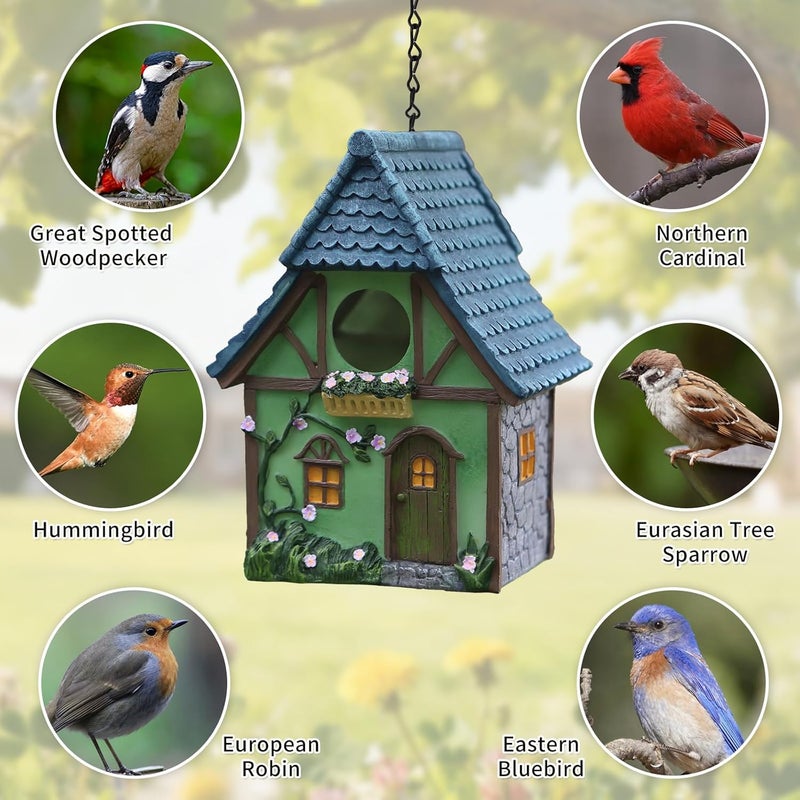 MINWOLF Bird Houses for Outside Cottage Garden Birdhouse –Green Resin Birdhouses for Outdoors with Flower and Stone Details for Bluebird Finches Cardinals Bird Nesting Garden, Patio, Yard - Image 2